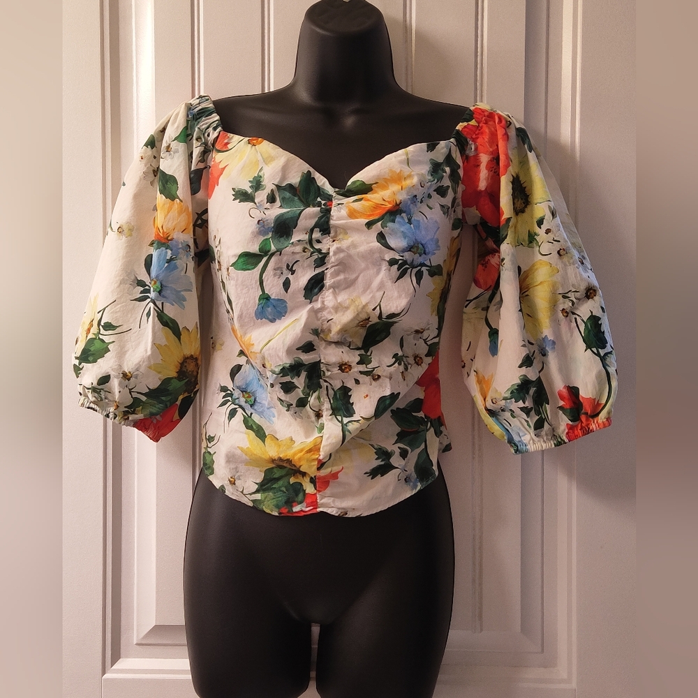 Zara White Floral Puff-Sleeve Crop Top with Red, Yellow & Blue Flowers